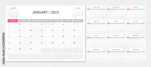 Calendar 2023 week start Sunday corporate design template vector.