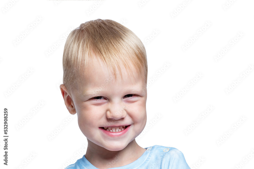 Laughing boy of school age. Positivity and emotions. Isolated on white background. Close-up. Laughing boy of school age. Positivity and emotions. Isolated on white background. Close-up.