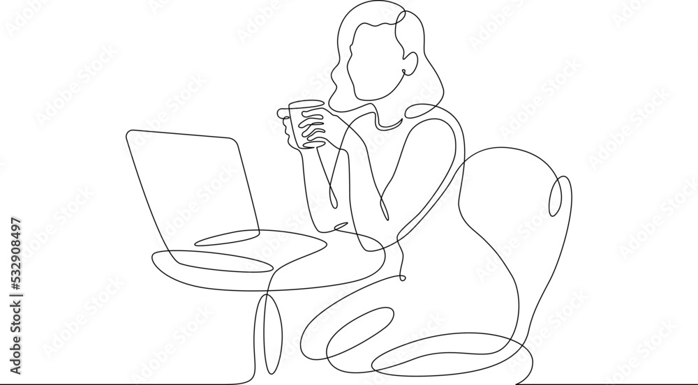 One continuous line.The girl drinks coffee at the laptop. Working on a laptop at a table in a cafe. Distant work. Woman at breakfast.One continuous line is drawn on a white background.