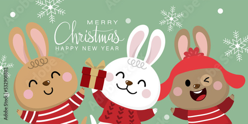 Merry Christmas and happy new year 2023 greeting card with rabbit and bunny in winter costumes. Holiday cartoon character. -Vector © Dusida