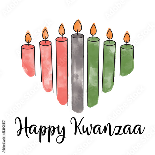 Kwanzaa African American heritage holiday greeting card with Artistic watercolor textured vector green, red, black burning candles outlined.