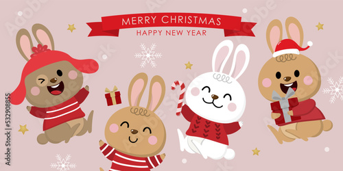 Merry Christmas and happy new year 2023 greeting card with rabbit and bunny in winter costumes. Holiday cartoon character. -Vector