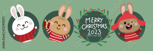 Merry Christmas and happy new year 2023 greeting card with rabbit and bunny in winter costumes. Holiday cartoon character. -Vector