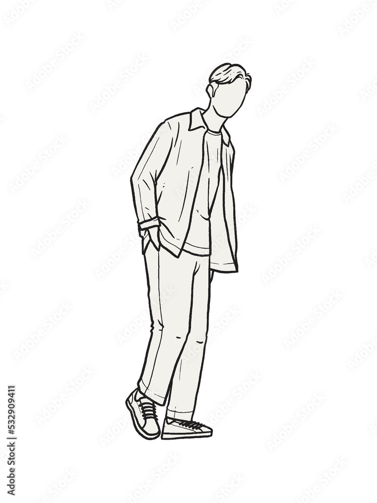 Man standing with his hands in his pants pocket line vector drawing. Minimalistic contour illustration.