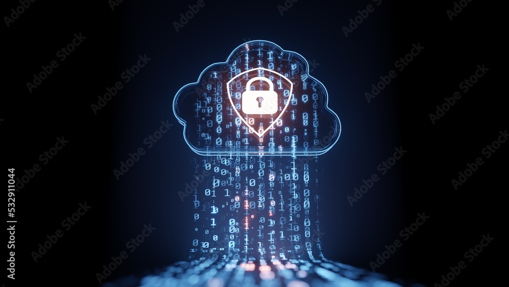 3D Rendering of digital cloud with shield icon and binary data. For big data cloud computing, artificial intelligence(AI), machine learning, transformation, Internet security background