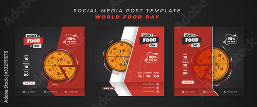 Set of social media post template with sliced pizza in cartoon illustration and red black background
