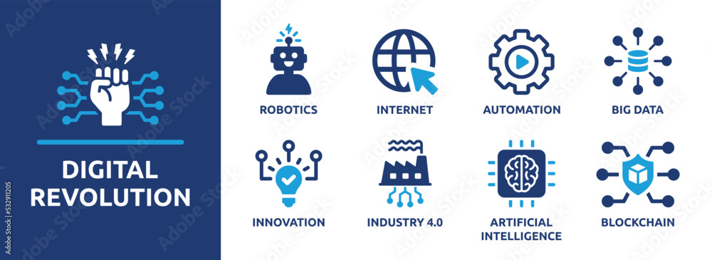Digital revolution vector icon set. Industry 4.0 collection with future technology as robotics, big data and blockchain sign symbol. Digital revolution vector icon set. Industry 4.0 collection with future technology as robotics, big data and blockchain sign symbol.