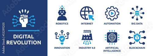 Digital revolution vector icon set. Industry 4.0 collection with future technology as robotics, big data and blockchain sign symbol.