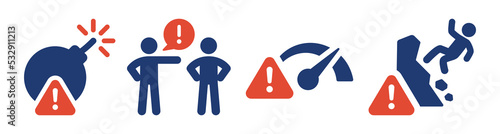 Risk icon set. Containing bomb alert, warning man, caution speed limit, accident sign icon. Vector illustration.
