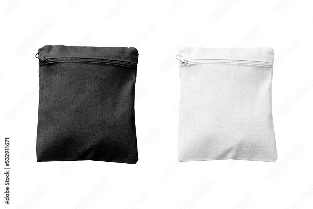 Black and white linen pouch for storing small items, zero waste, mockup isolated on white background. 3d rendering. Black and white linen pouch for storing small items, zero waste, mockup isolated on white background. 3d rendering.