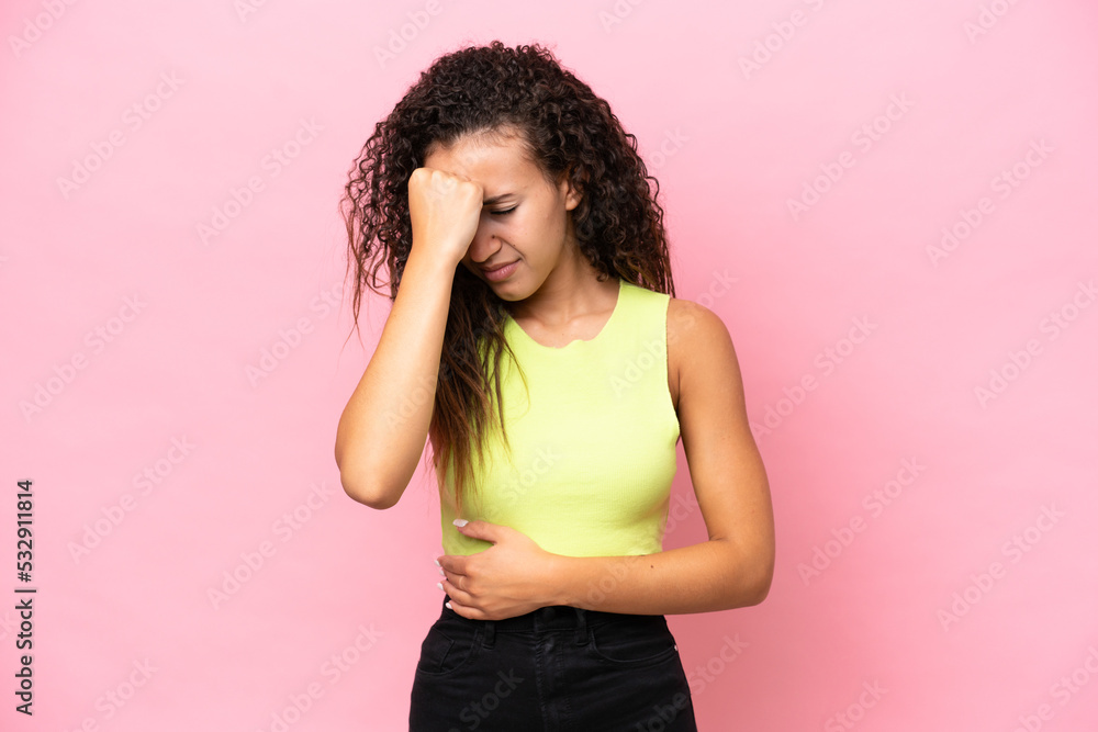Young hispanic woman isolated on pink background with headache Young hispanic woman isolated on pink background with headache