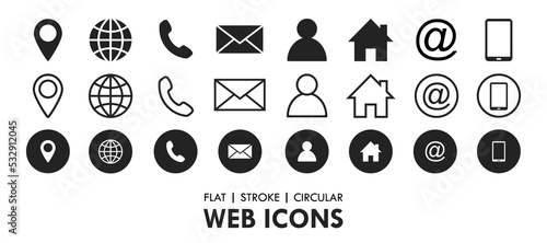 Essential Flat Stroke Circular Web Icon Set Phone Contact Location Button