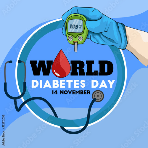 Hand holding diabetic blood tester or glucose meter flat World diabetes day awareness poster banner background design