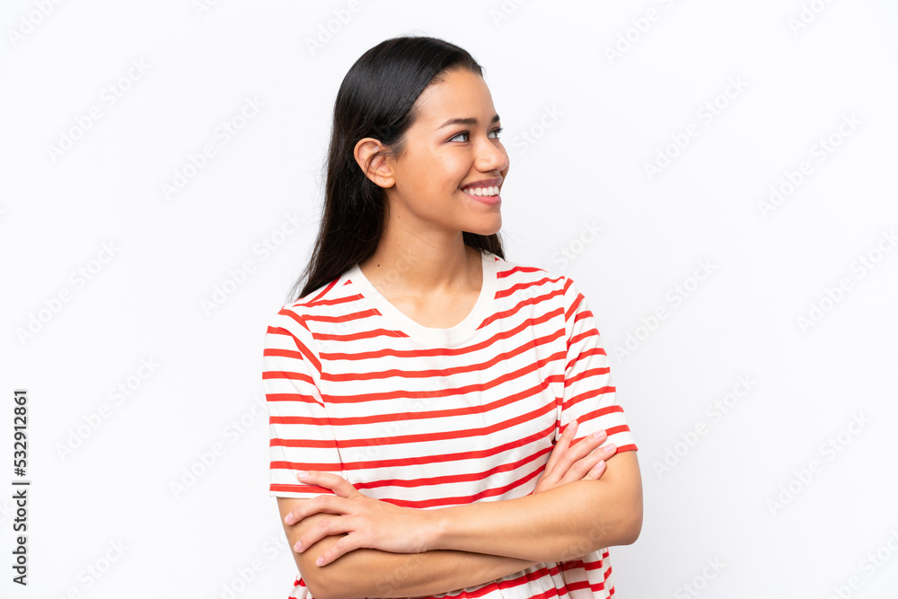 Young Colombian woman isolated on white background happy and smiling Young Colombian woman isolated on white background happy and smiling