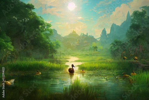 Clip art of landscape with ducks.Tranquil country town.Concept illustrations for games © ayagaki