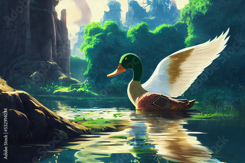 Clip art of landscape with ducks.Tranquil country town.Concept illustrations for games