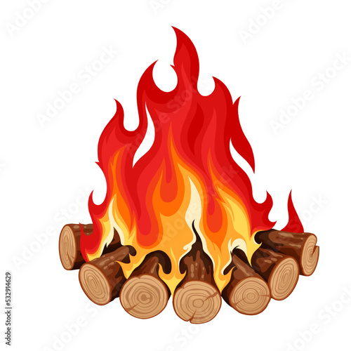 Bonfire, round campfire with burning logs and glowing hot red and yellow flame vector illustration. Cartoon isolated cut forest firewood stacked in circle for cooking food for tourists picnic