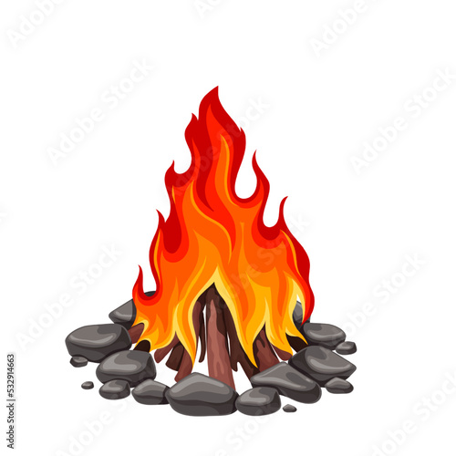Bonfire with burning firewood and flammable coals vector illustration. Cartoon isolated warm frame blazing in outdoor camp fireplace with rocks, logs and twigs of trees, travel and adventure emblem