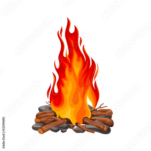 Campfire fire from burning firewood vector illustration. Cartoon isolated orange warm flame burning in fireplace with stones and forest sticks and tree branches, fuel wood and flammable coal ignition