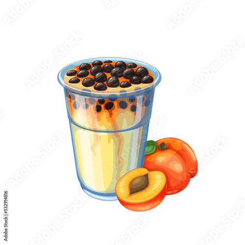Bubble tea with peach fruit and dark tapioca pearls on top vector illustration. Cartoon isolated open plastic cup with fruity milkshake, summer juice smoothie, whole peach fruit and cut in half
