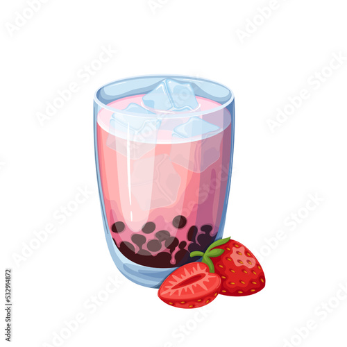 Strawberry bubble tea with tapioca pearls and ice cubes vector illustration. Cartoon isolated berry smoothie in glass cup, iced boba tea with milk, syrup and black jelly balls, pink summer drink