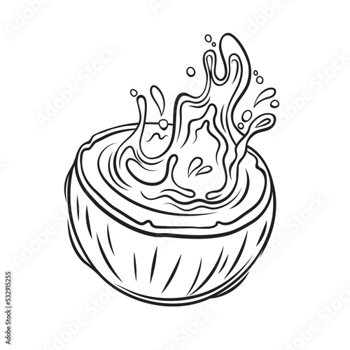 Coconut with splashes of juice outline icon vector illustration. Hand drawn black line coco fruit cut in half and tropical juicy summer vitamin drink for beach party, fresh vegan healthy beverage