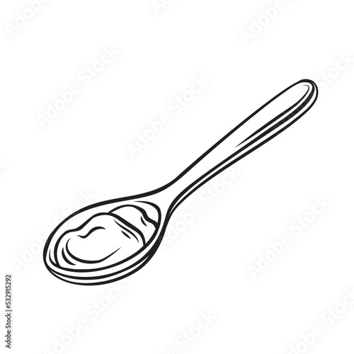 Coconut spread in spoon outline icon vector illustration. Hand drawn black line healthy butter in scoop and paste from coco fruit, natural organic raw food ingredient for cooking vegan dishes