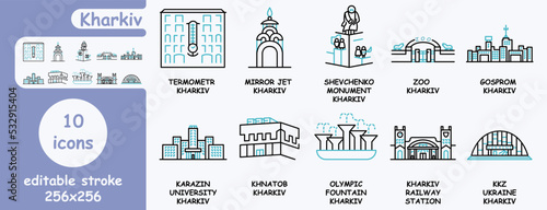 set of 10 icons "Kharkov". style icons: contour two colors. icons for websites or prints on business cards.