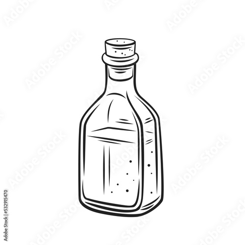 Coconut oil glass bottle outline icon vector illustration. Hand drawn black line organic oil from coco fruit in jar with lid, coconut product for cooking vegan menu, food ingredient and cosmetics