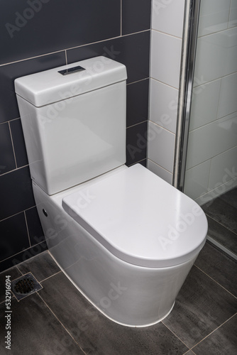 Modern flush toilet in a clean bathroom.