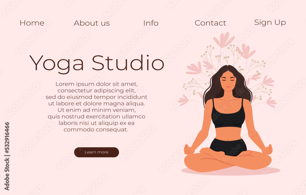 Yoga studio vector banner. The girl sits in the lotus position. Vector illustration in flat style. Yoga studio vector banner. The girl sits in the lotus position. Vector illustration in flat style.