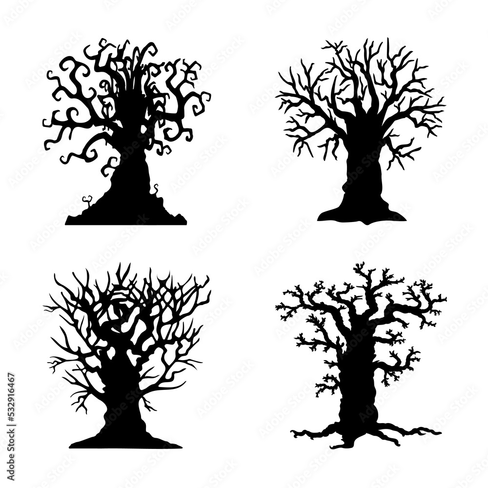 Spooky Halloween Tree Silhouette Styles Isolated Illustration Icon Set Spooky Halloween Tree Silhouette Styles Isolated Illustration Icon Set