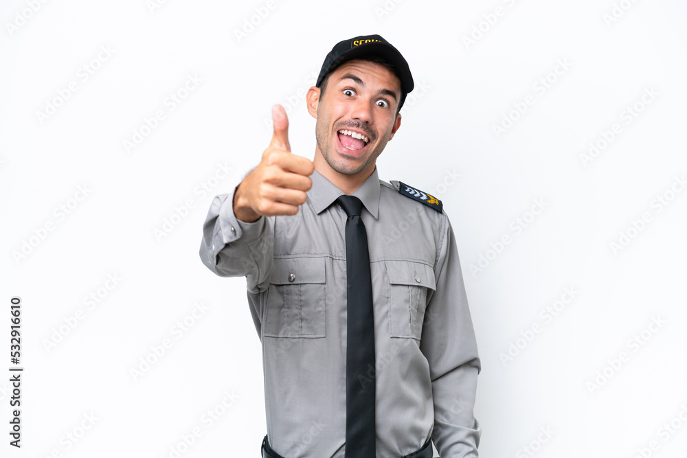 Young safeguard man over isolated white background with thumbs up because something good has happened Young safeguard man over isolated white background with thumbs up because something good has happened