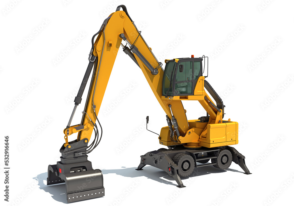 Material Handler heavy construction machinery 3D rendering on white background Material Handler heavy construction machinery 3D rendering on white background