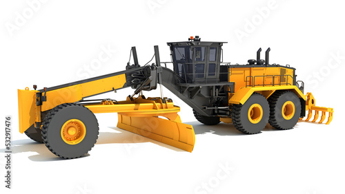 Fotografie Motor Grader heavy construction machinery 3D rendering on white background