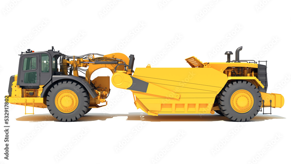 Tractor Scraper heavy machinery 3D rendering on white background