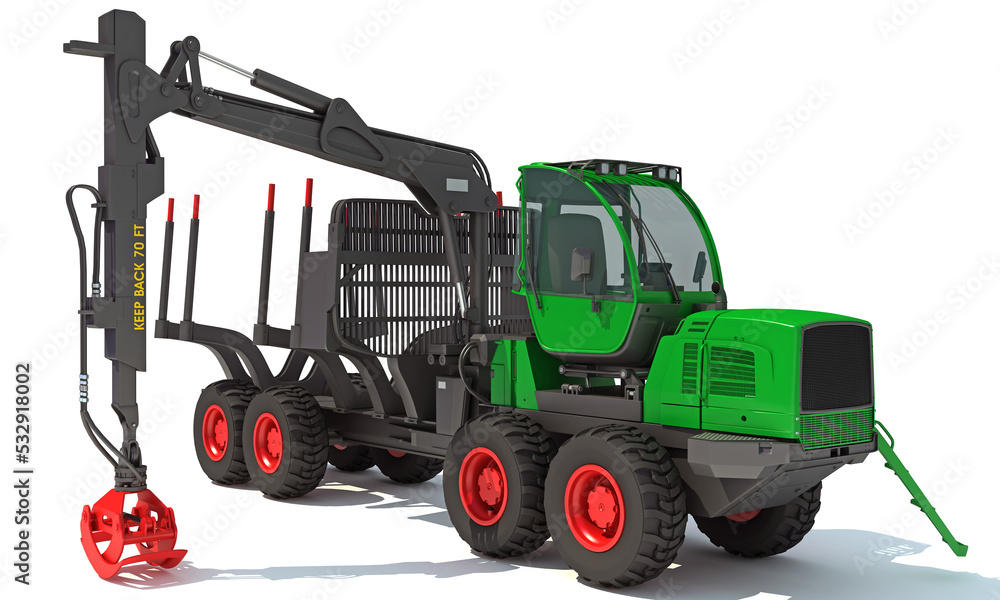 Forwarder Forestry Vehicle heavy machinery 3D rendering on white background Forwarder Forestry Vehicle heavy machinery 3D rendering on white background