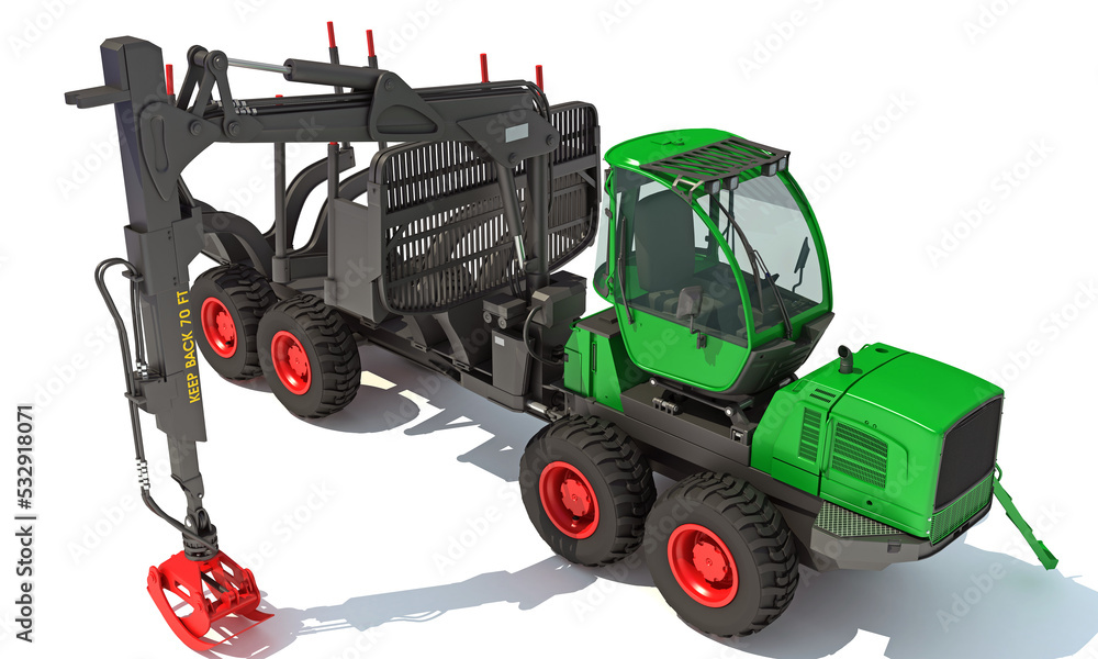 Forwarder Forestry Vehicle heavy machinery 3D rendering on white background Forwarder Forestry Vehicle heavy machinery 3D rendering on white background