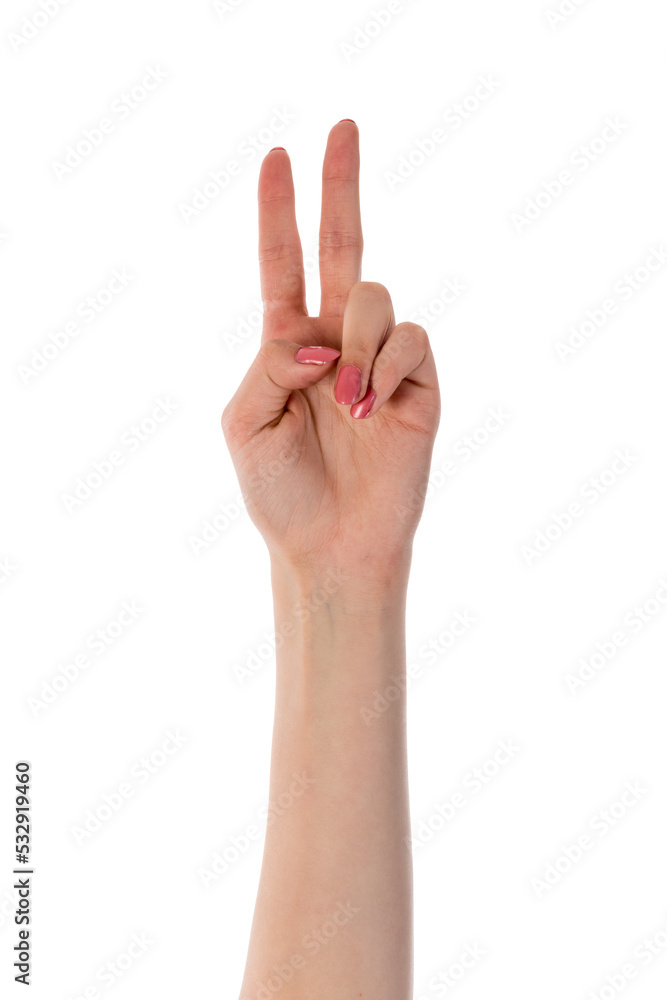 Female hand showing two fingers isolated on transparent background Female hand showing two fingers isolated on transparent background