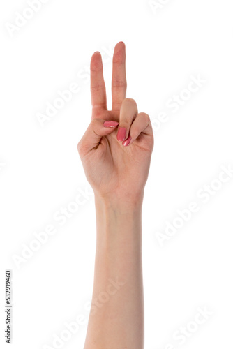 Female hand showing two fingers isolated on transparent background
