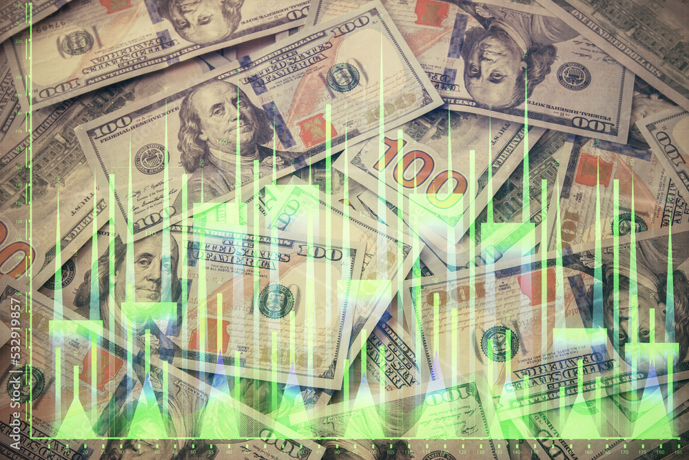Multi exposure of forex chart drawing over us dollars bill background. Concept of financial success markets.
