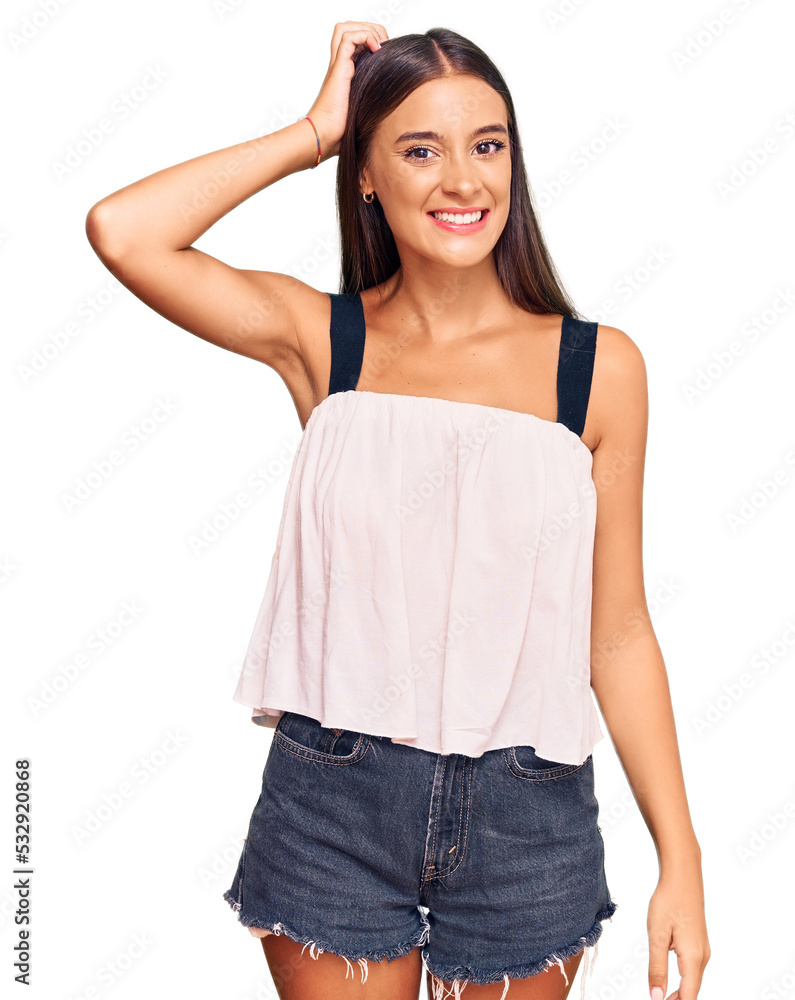 Young hispanic woman wearing casual clothes confuse and wonder about question. uncertain with doubt, thinking with hand on head. pensive concept. Young hispanic woman wearing casual clothes confuse and wonder about question. uncertain with doubt, thinking with hand on head. pensive concept.