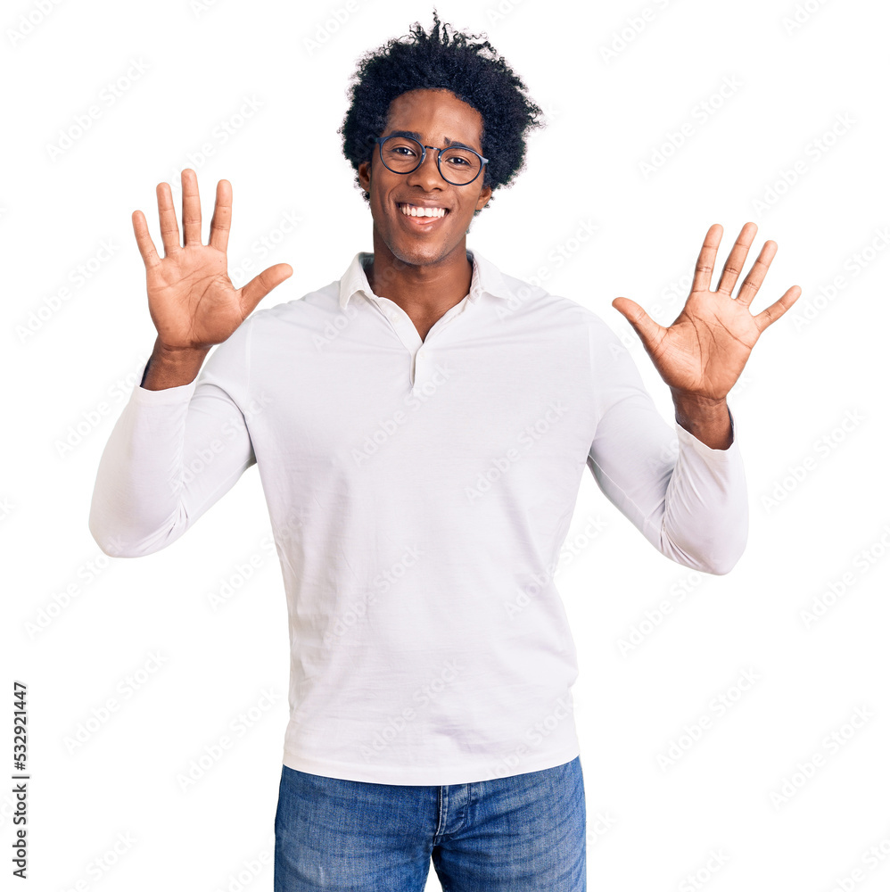 Handsome african american man with afro hair wearing casual clothes and glasses showing and pointing up with fingers number ten while smiling confident and happy. Handsome african american man with afro hair wearing casual clothes and glasses showing and pointing up with fingers number ten while smiling confident and happy.