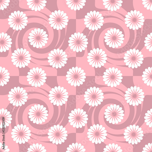 Groovy seamless pattern with abstract flowers in 1960 style. Floral aesthetic print for fabric, paper, stationery. Retro illustration for decor and design.