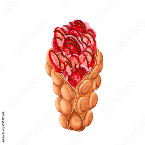 Hong Kong bubble waffle with strawberry slices and chocolate sauce vector illustration. Cartoon isolated crispy egg wafer cone with delicious berry filling, summer girly waffle dessert and fast food