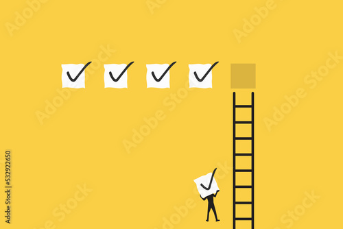 businessman bring checklist for target progress. improvement, challenge to progress and win competition, tasks completion to finish project.
