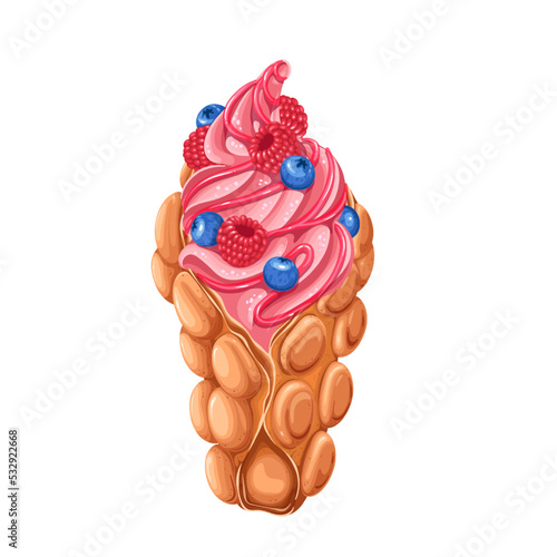Hong Kong bubble waffle with soft swirl ice cream, raspberry and blueberry vector illustration. Cartoon isolated pink sundae and berry in egg waffle cone, crispy summer wafer dessert for kids