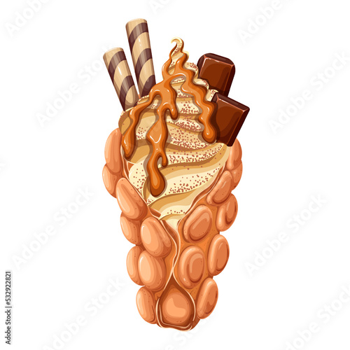 Hong Kong bubble waffle with spiral soft ice cream, melting caramel sauce, wafer sticks and chocolate pieces vector illustration. Cartoon isolated egg crispy waffle meal for kids and street fast food
