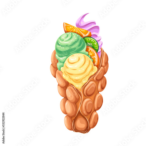 Hong Kong bubble waffle with ice cream, slices of orange and kiwi vector illustration. Cartoon isolated colourful summer dessert, frozen sundae balls with fruit decor in delicious waffle cone