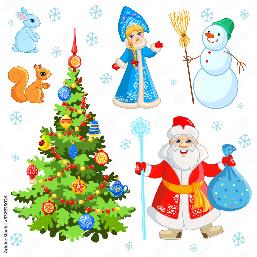 New Year's set with traditional Russian characters: Father Frost, Snow Maiden, Christmas tree, bag with gifts and cute little animals. New Year's set with traditional Russian characters: Father Frost, Snow Maiden, Christmas tree, bag with gifts and cute little animals.